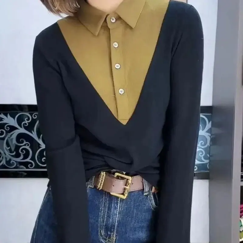 Double Sided German Velvet Autumn Winter Women's New Long Sleeve Loose POLO Collar Warm Patchwork T-shirt Commuting Casual Top
