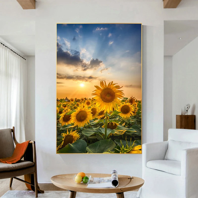 Vintage Sunflower Field At Sunset Sunshine Landscape Art Posters Canvas Painting Wall Prints Pictures for Living Room Home Decor