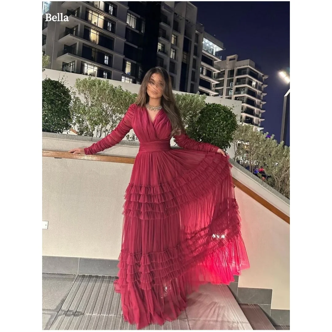 

Bella Customize Red Multi-Layered Long Sleeves robes de soirée Chiffon A-line Prom Dresses Floor-Length V Neck Wedding Dress