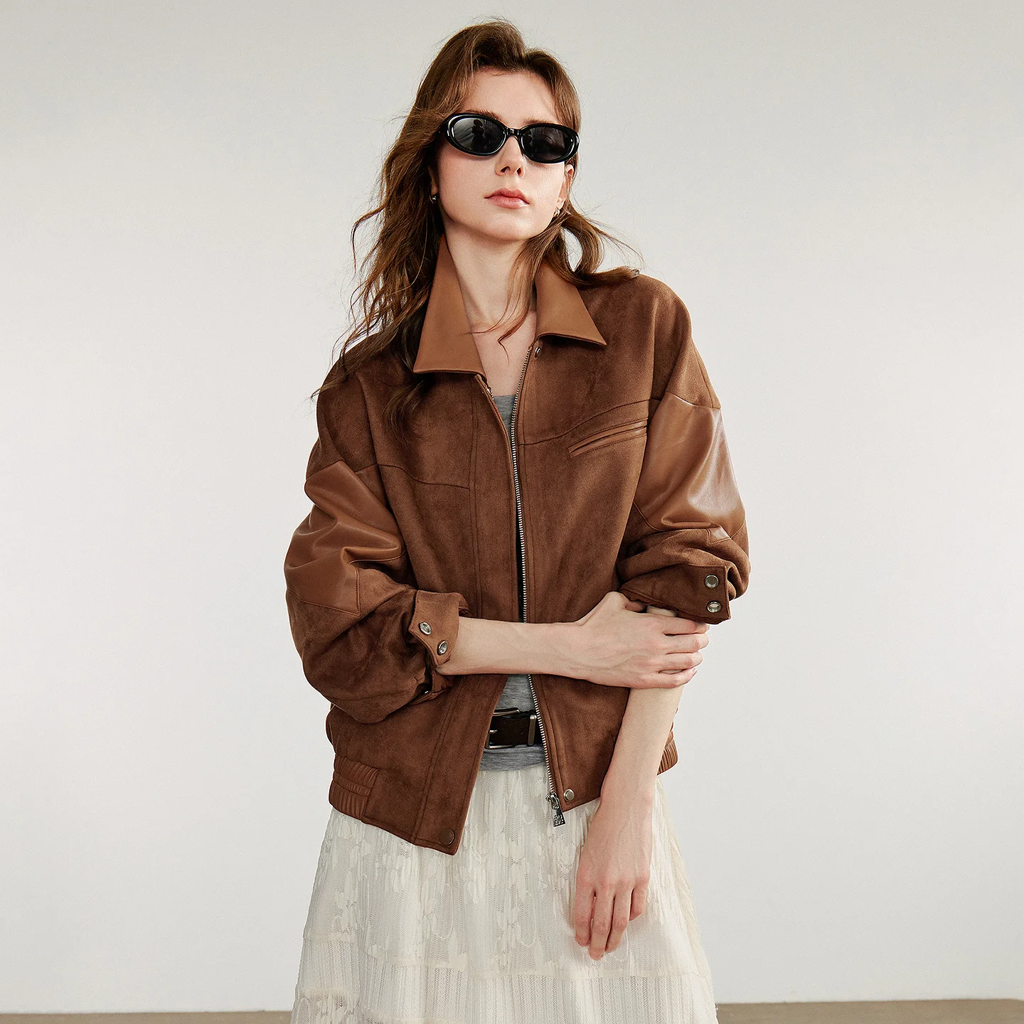 TOYOUTH Damska Kurtka Skórzana 2025 Jesień Nowy Nomadyczny Styl Retro Zamsz PU Skóra Łączona Kurtka Płaszcz