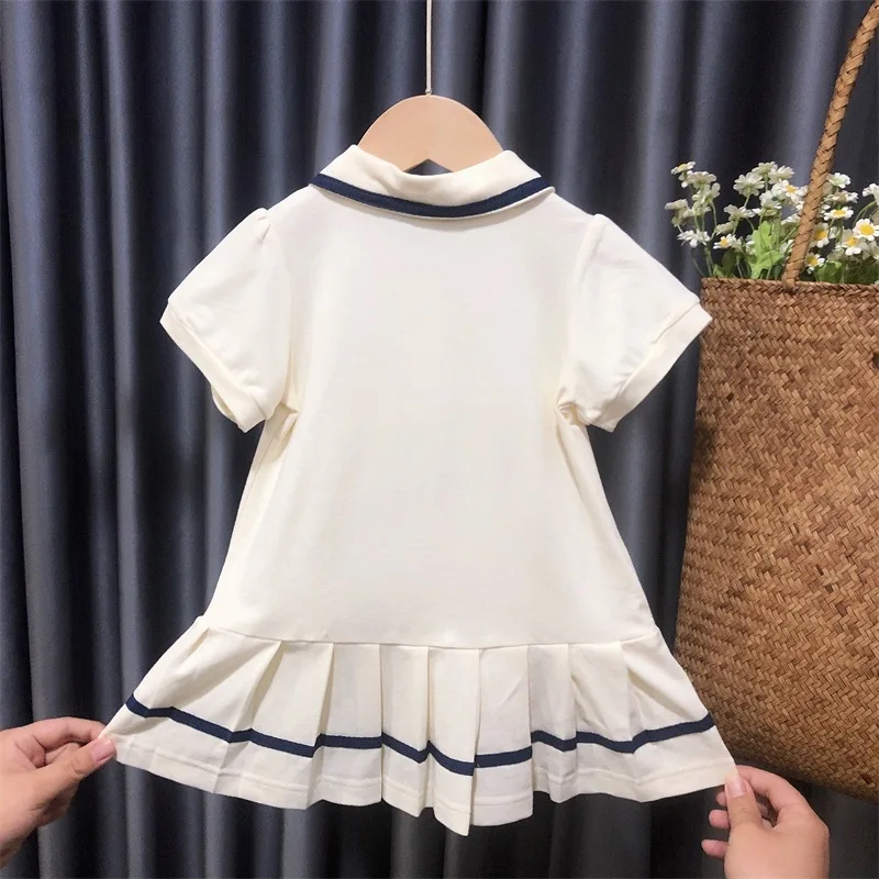 Summer Kids Clothes for Girls Dress Preppy Style Cartoon Bear Pleated Dress Baby Girls Cute Polo Dress Princess Dresses