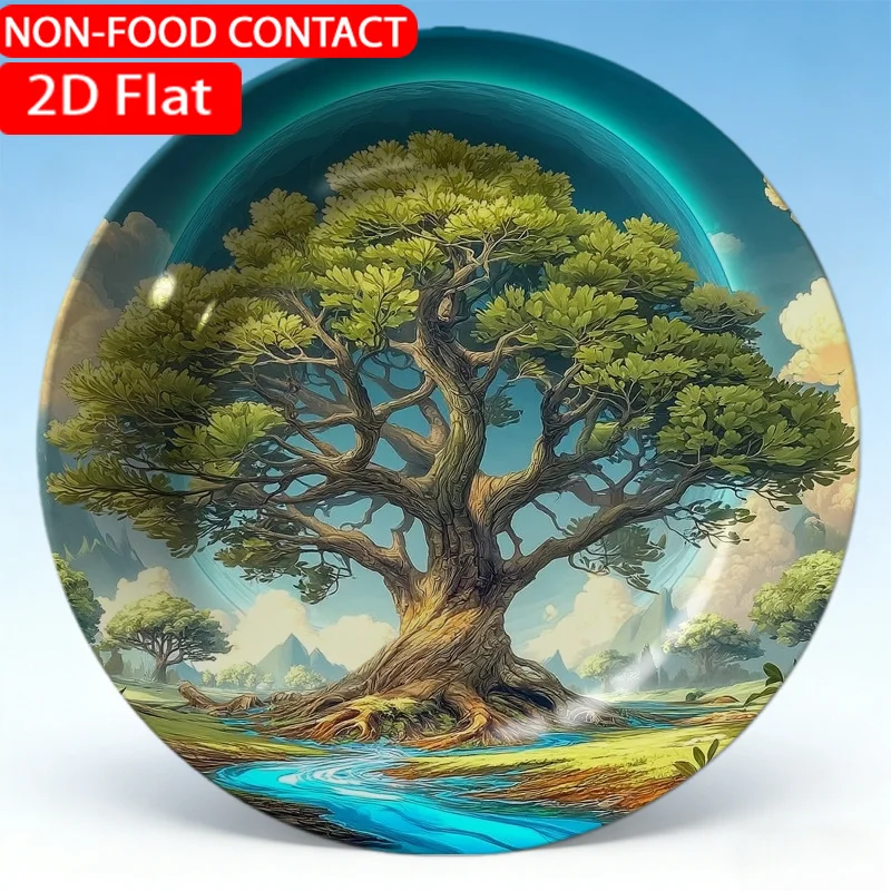 1pc Elegant Ceramic Decorative Plate Digital Artistic Tree Green Theme Design Non-food Contact, Home Desk Ornaments, Living