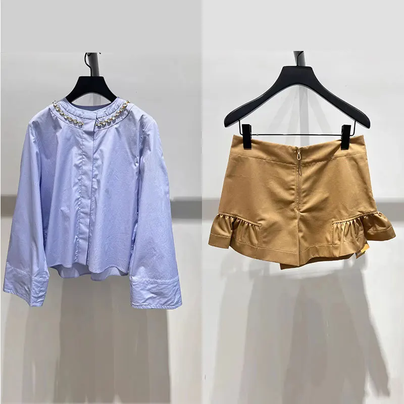 Set for Ladies 2024 New Spring Summer Diamond Design O-neck Sweet Long Sleeve Shirt or High Waist Suffles Shorts