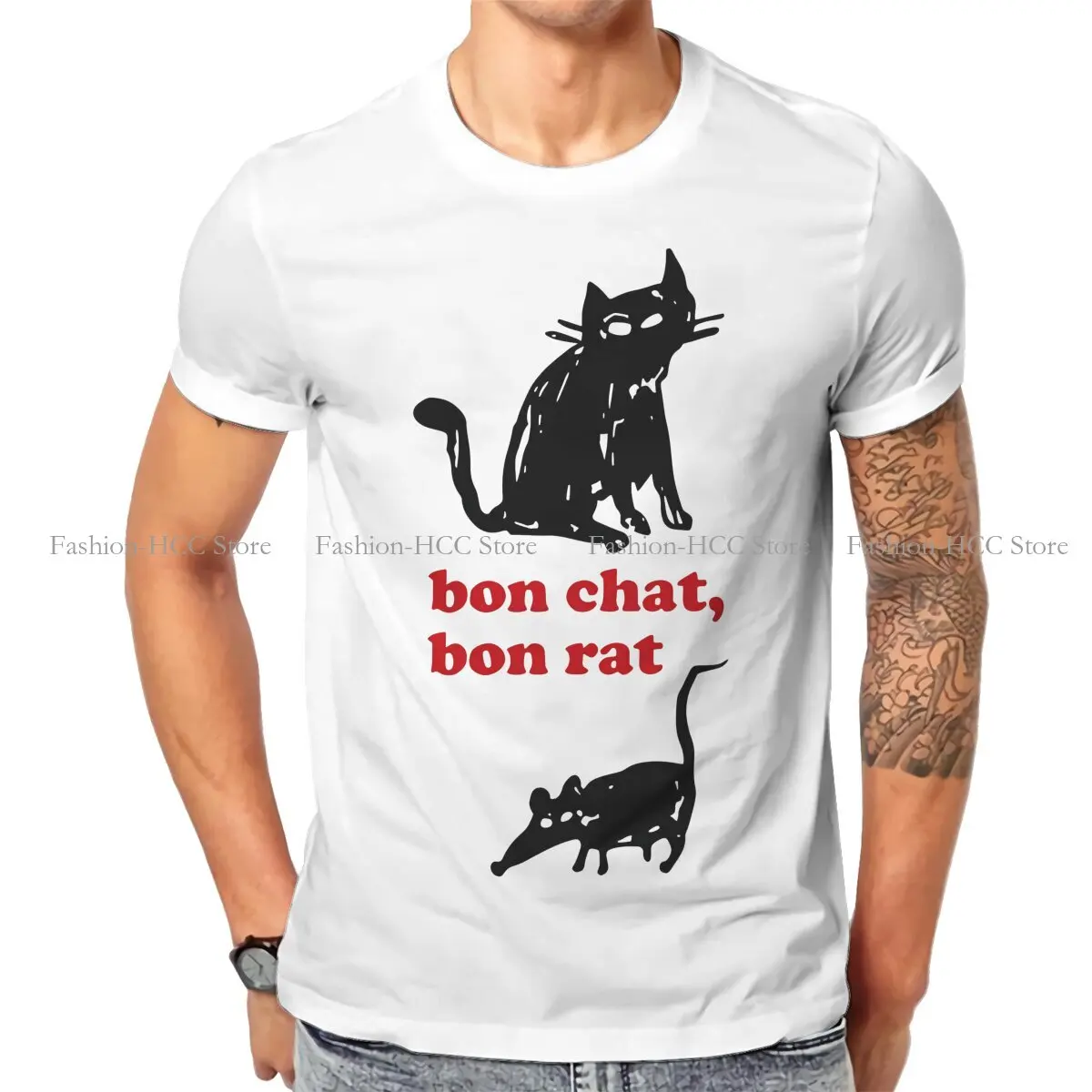 Camisetas de algodón puro para hombre, ropa de calle de gato negro, Harajuku, de moda, Bon Chat, Bon Rat