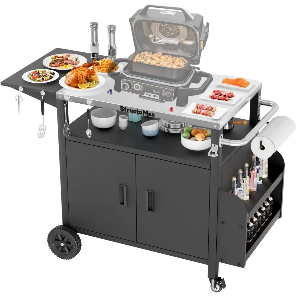 

Уличная тележка для гриля XL со шкафом, сверхширокая столешница из нержавеющей стали, большая полка для специй и запираемые колеса, уличная кухня