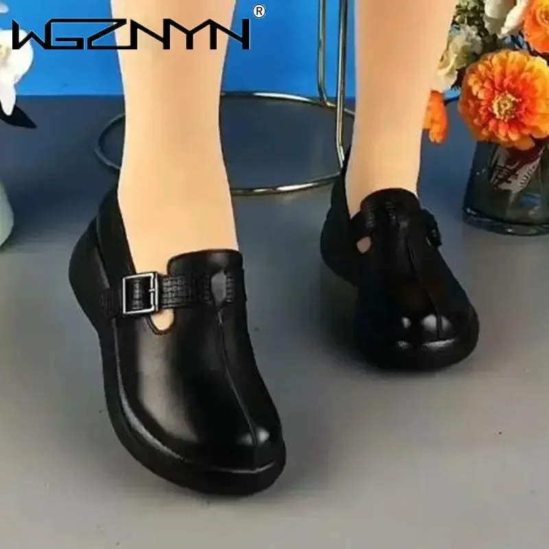 جديد العرقية النساء الأحذية الرجعية حقيقية بولي Leather الجلود منصة إسفين الصيف النساء حجم كبير الترفيه الأخفاف أحذية رياضية تنفس حذاء #4