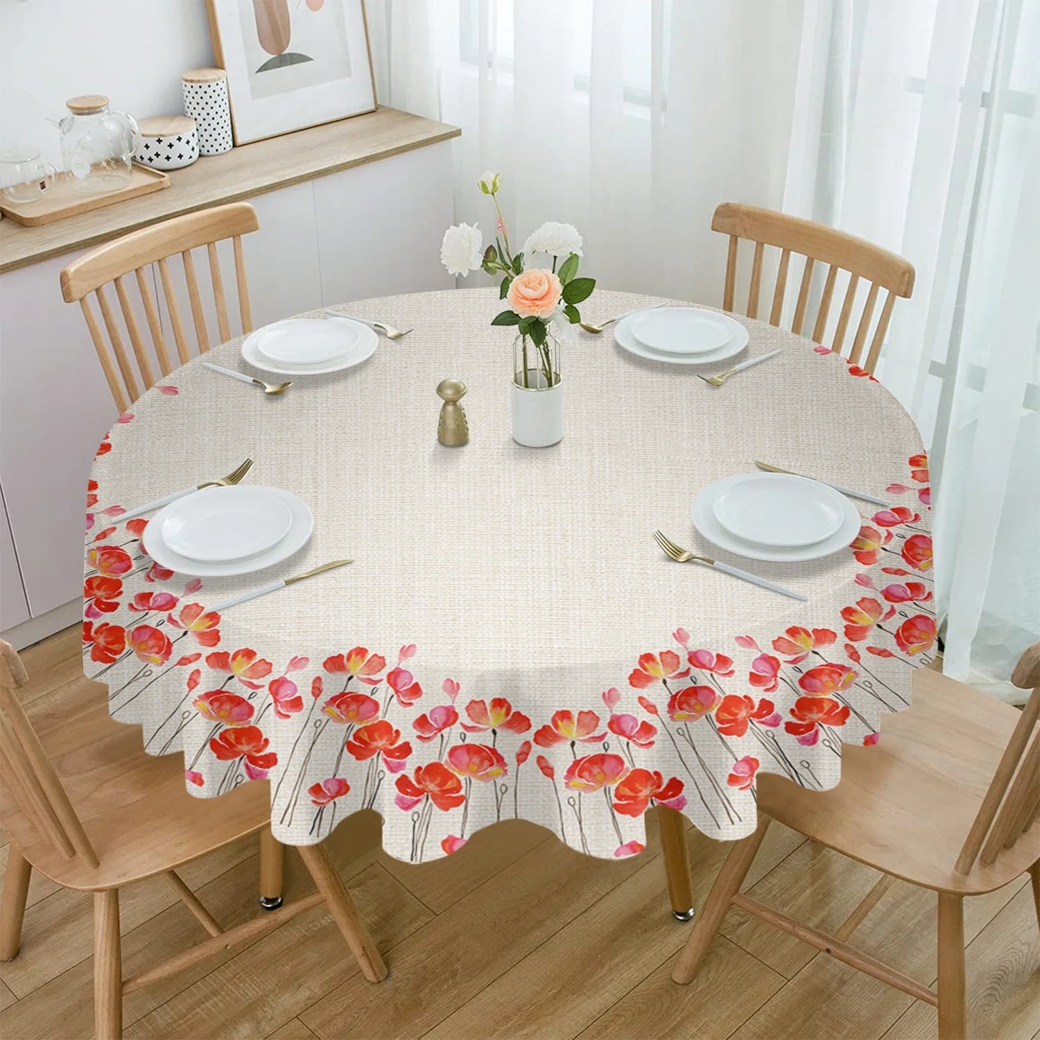 Abstract Geometric Poppies Round Tablecloth Wedding Hotel Table Cover Holiday Dining Table Waterproof Tablecloth