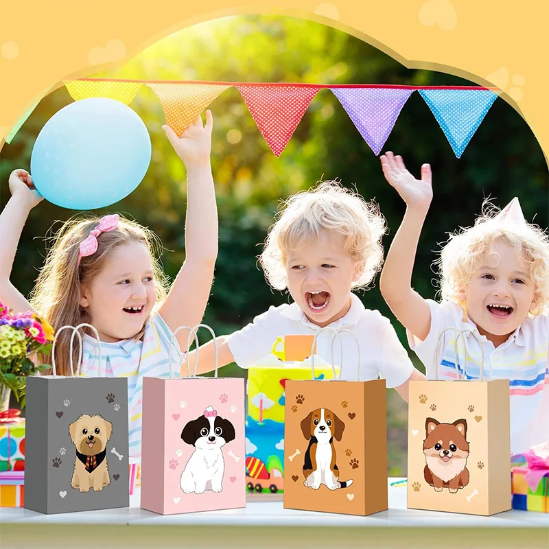 6/12/24 Pcs Cute Puppy Paper Bag with Handle Dog Birthday Party Candy Treat Bag Kid Birthday Party Favor Goodie Bag Pet Adoption