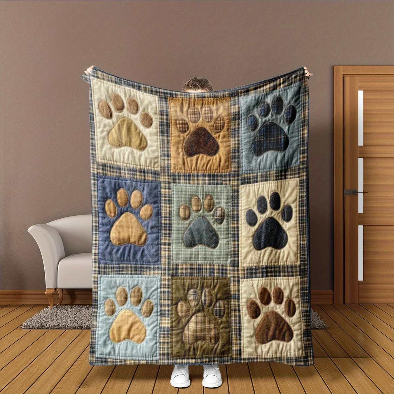 

Paw Print Flannel Blanket - Soft Warm Plush | Multi-Color Patchwork | Bedroom/Living Room Home Decor