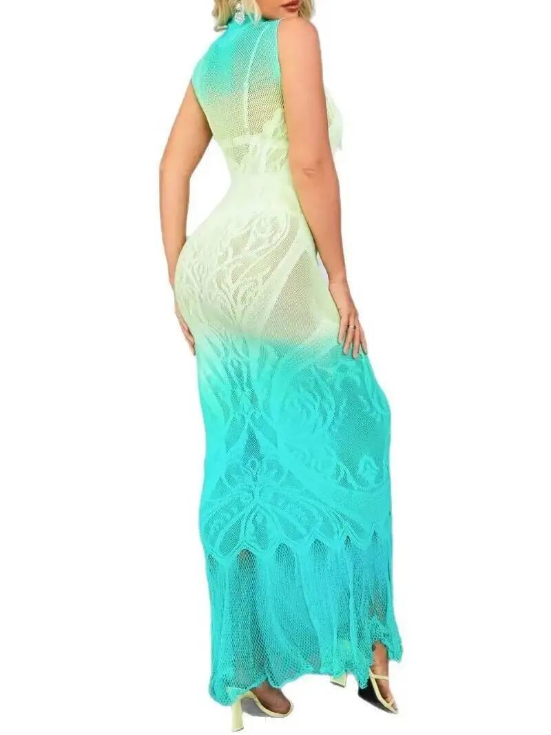 Sleeveless Mesh Dress Lace Pattern Sheer High Neck Bodycon Gown With Fringed Hem Chic Summer Party For Women Vacation Dress ID6N