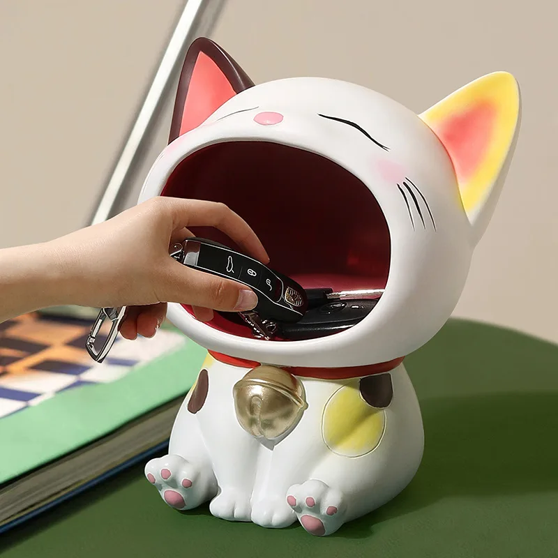 Cute Lucky Cat Resin Statue Decoration Big Mouths Cat Creative Laughing Cat Key Storage Box For Entrance Hall Desktop Ornaments