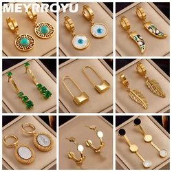 MEYRROYU 316L Stainless Steel New Vintage Green Stone Leaves Statement Drop Earrings For Women Brincos Des Boucles D'oreilles