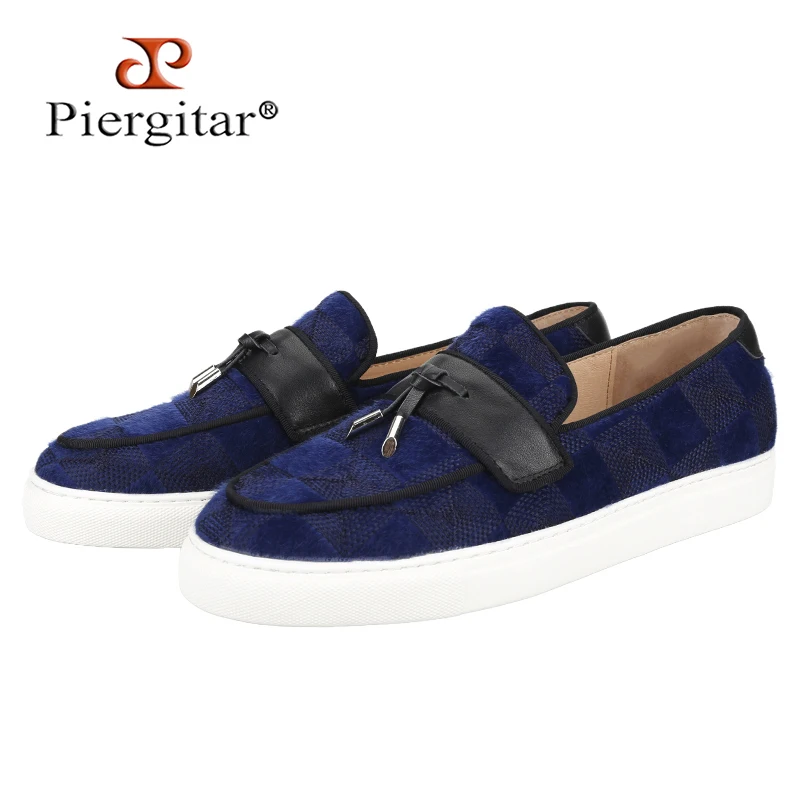 Zapatillas Piergitar de terciopelo con patrón a cuadros azul marino, sin cordones, con flecos de cuero hechos a mano, suela con aumento de altura, zapatos náuticos para hombre