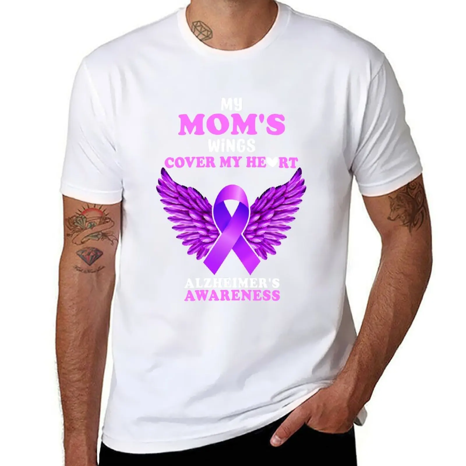 

End To Ribbon Walk My Gift Mom My Cover Heart Alzheimers Wings T-Shirt Casual Pattern Print Tee Shirt
