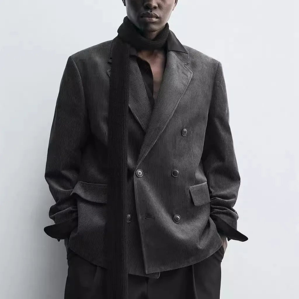 

Slim Fit Corduroy Double Breasted Suit Jaet New Autumn Winter Men's Faion 2025 Youth ular Stand Size Long Sve