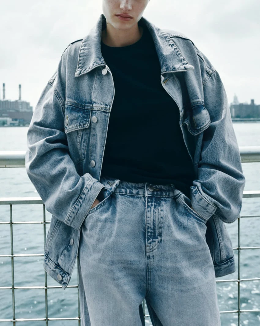 Conjunto de duas peças com jaqueta jeans foada e calça jeans de cintura média, novidade da primavera, roupa fena modern...