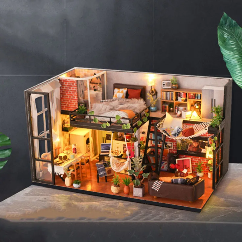 DIY Wooden Doll House Casa Industrial Loft Style Dollhouses Miniature Furniture with LED Kit  Assemble Toy Child Girl Adult Gift