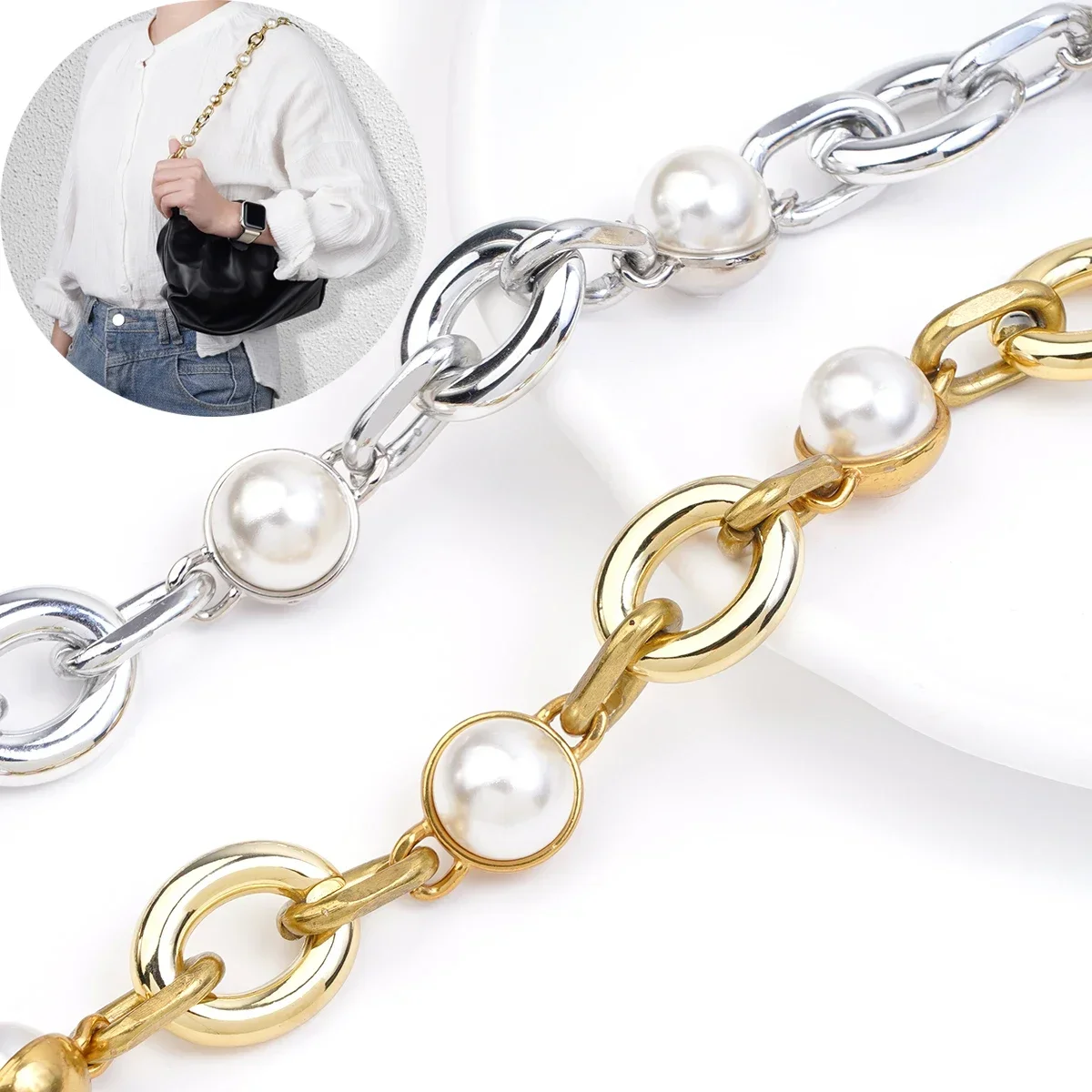 Bag Strap Pearl Chain Women Crossbody Shoulder Bag Strap Chain With Pearl Metal Chain Strap Female Replacement Handle Belt Part