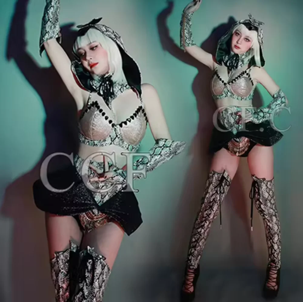 Trajes sexis de bailarina Gogo para mujer, traje para espectáculo en escenario, fiesta de Halloween, ropa Rave, aspecto de arrastre, disfraces de Cosplay de serpiente yj695