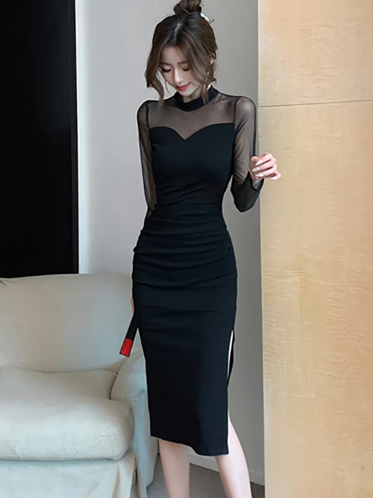 Schwarzes Patchowrk Mesh schiere sexy Club kleid für Frauen Herbst Winter elegantes Schlitz kleid 2024 koreanisches Vintage Hepburn Abendkleid