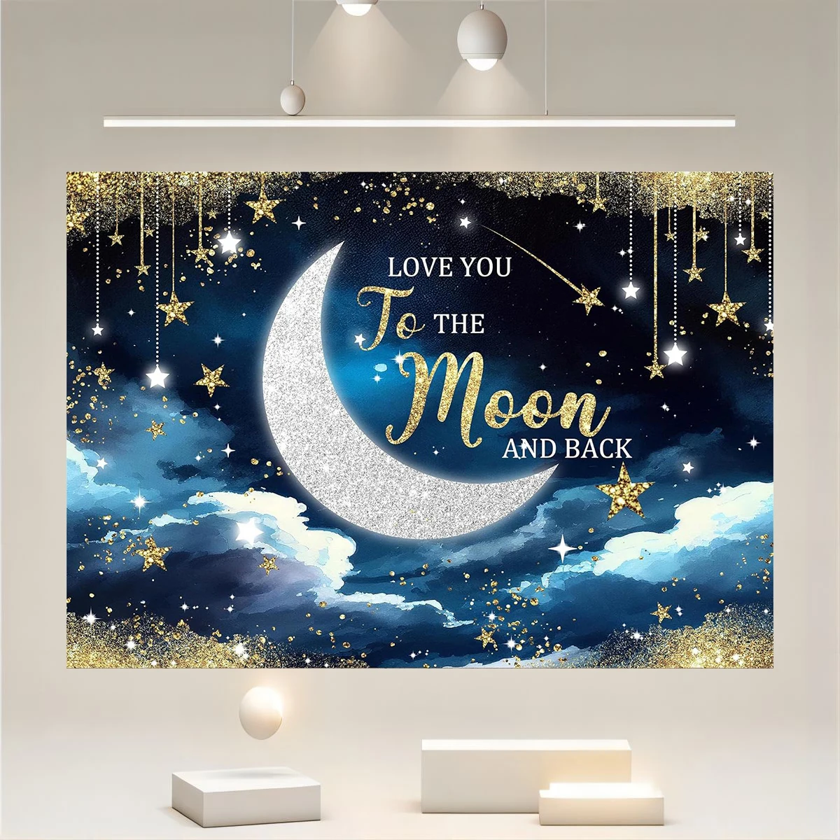 Over The Moon Baby shower background Bohemian blue watercolor sparkling stars golden dots celestial moon party decoration