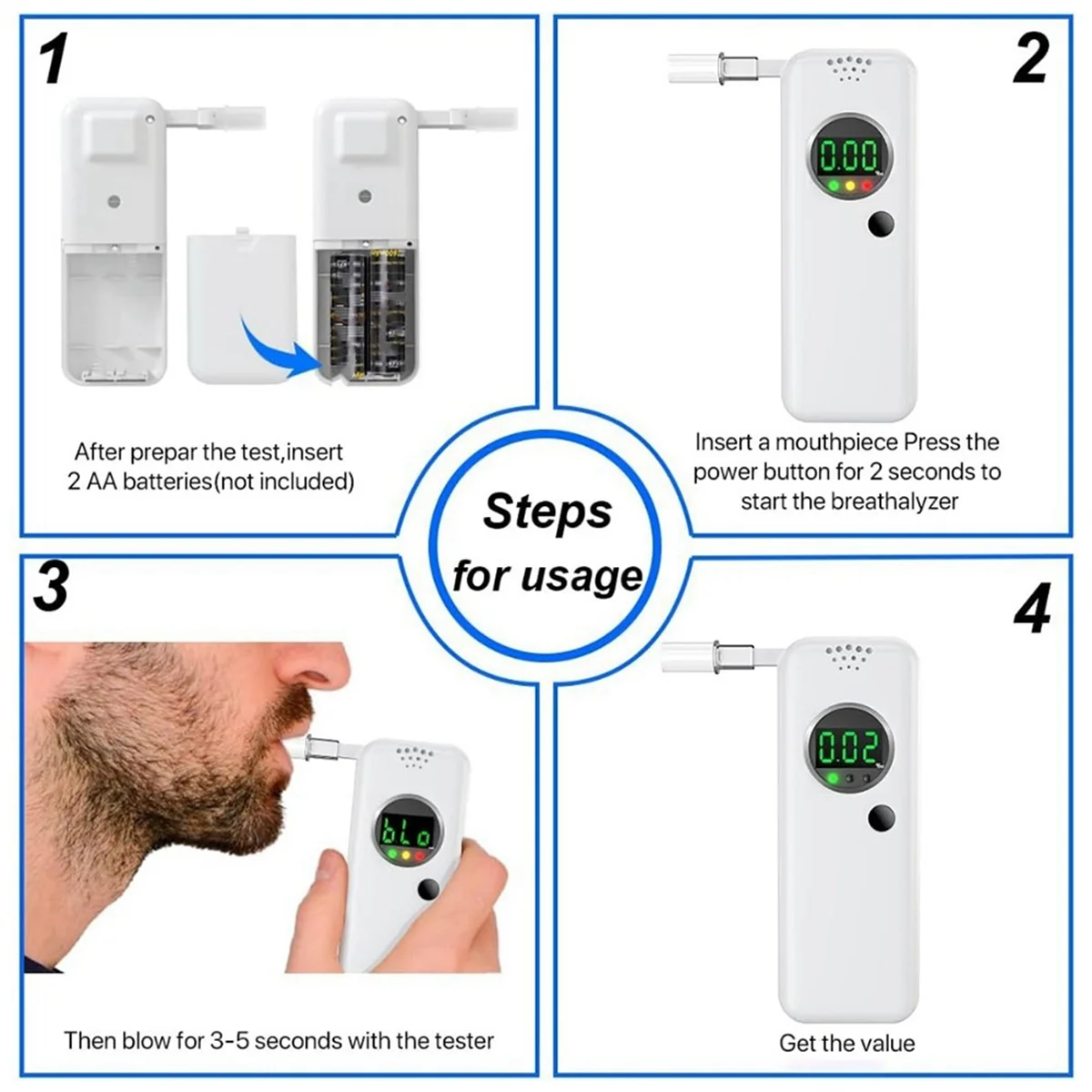 AB52 AD-6000NS Etilometro portatile con 6 bocchini ad alta precisione per uso personale prima di ciascuno Guida Bianco