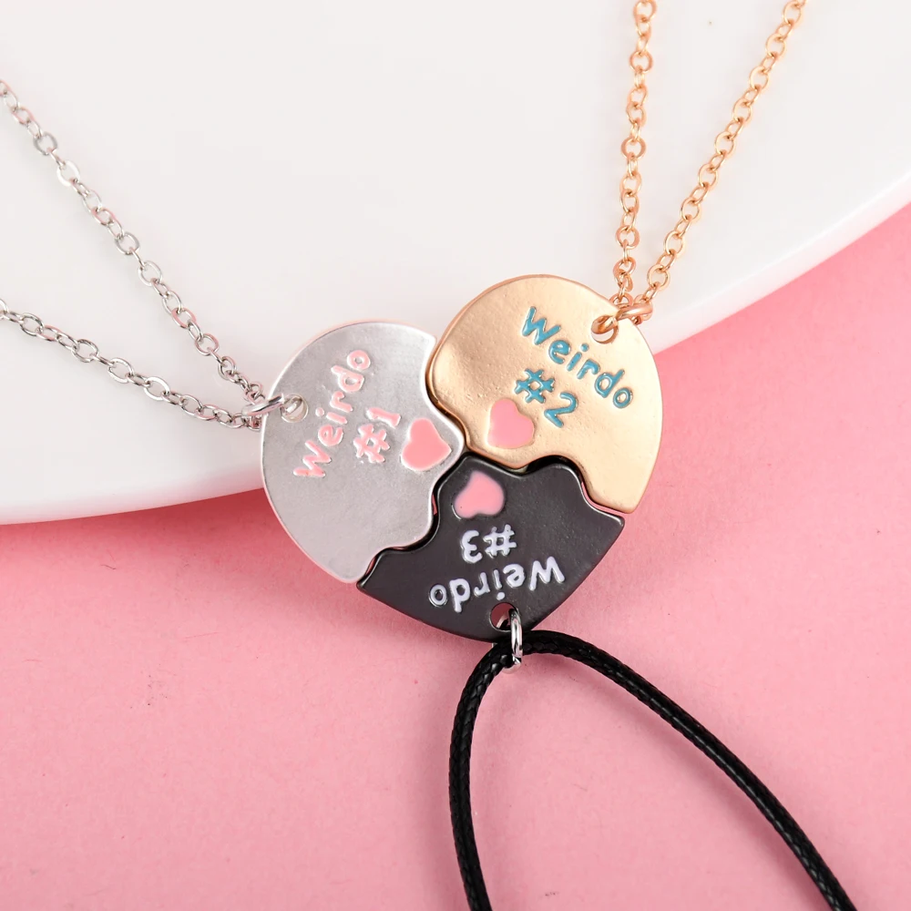 Karsyngirl 3Pcs/set Heart-shaped Stitching Letter Weirdo 1 2 3 Best Friend Friendship Necklace for Girls BFF Jewelry Gift
