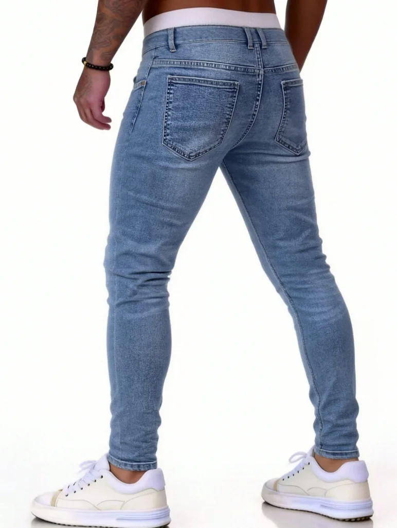 Trendy Slim-Fit Men'S Blue Denim Jeans with Stretch, Perfect for Casual Wear, Featuring a Modern Design for Young Adults