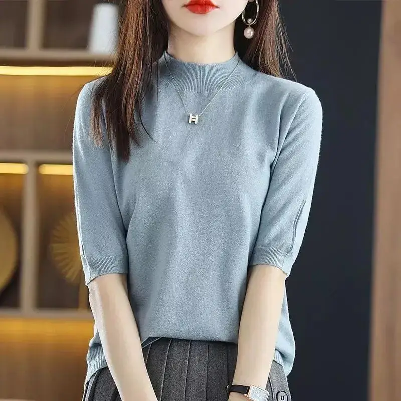 Comfortable Women\'s Clothing Spring Summer Round Neck Half Sleeve Solid Color Pullover Sweater Knitted All-match Sweet Tops