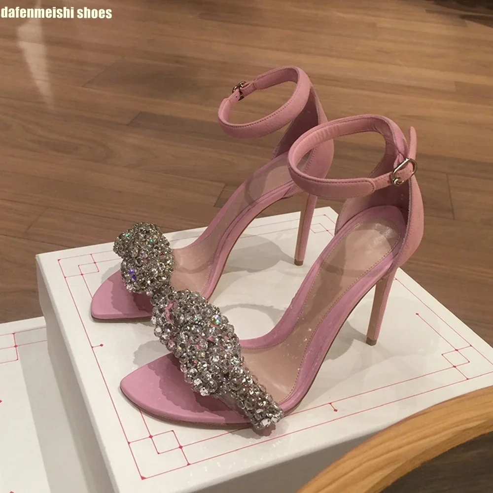 Crystal Bling Bling Women Sandals 2025 New Pink Rhinestone Shiny Thin High Heels Ankle Strap Open Toe Fashion Sandals