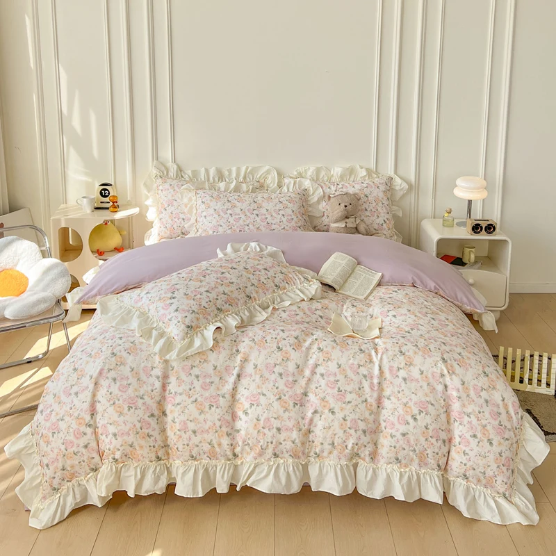 Floral Print Korean Style Princess Lace Ruffles 100% Cotton Bedding Set Duvet Cover Bed Sheet/Fitted Sheet Pillowcases 3/4Pcs