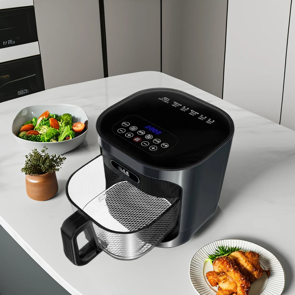 GEMING Square 4.5L Electric Household Touchpad Smart Control Modern Digital Glass Design Deep Air Fryer for Home Use