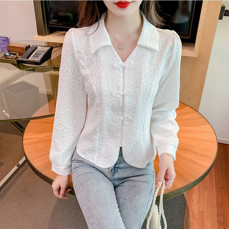 Women Clothing Spring Autumn Trendy Vintage Chic Sweet Button Shirts Elegant Solid V Neck Blouses Female Casual Long Sleeve Tops