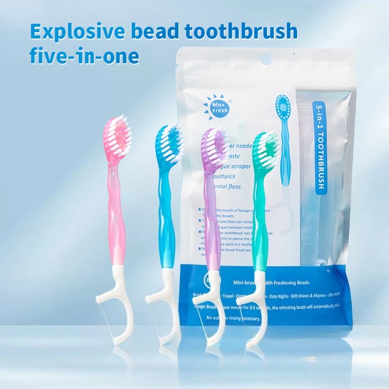 Bead Disposable Toothbrush, Mini Multifunctional, Individually Wrapped, Portable, with Soft Bristles Floss Toothpick