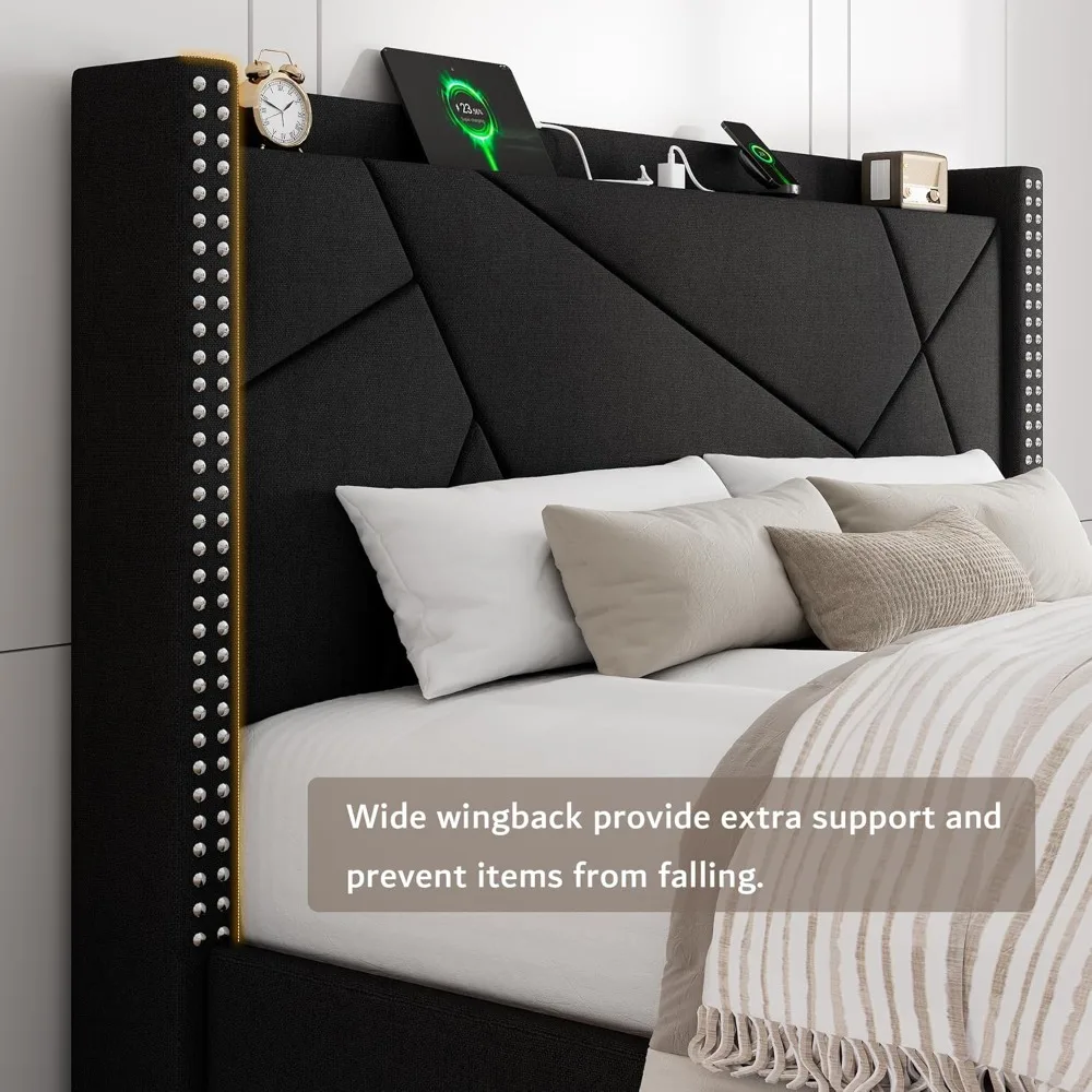 إطار سرير iPormis بحجم كينج مع 4 أدراج تخزين، وسرير منجد مع محطة شحن، ودعم شرائح خشبية صلبة،