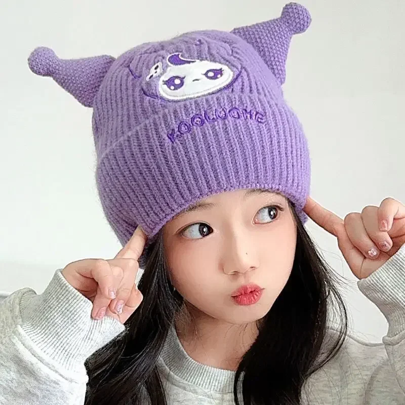 Sanrio Cartoon Kuromi Cute Children's Autumn and Winter Comfortable, Soft and Versatile Warm Ear Protection Knitted Pullover Hat