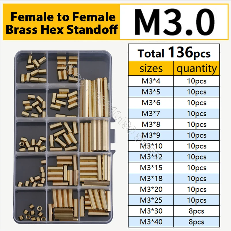 

136Pcs M3 Solid Brass Copper PCB Board Female to Female Hex Standoffs Hexagon Pillars Spacer Hollow Column Assortment Kit Set