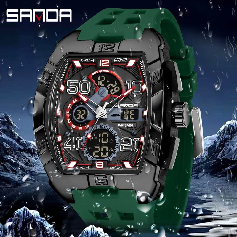 SANDA Fashion Watch for Man Tonneau Dial Multi-function Dual Display LED Luminous Sports 5Bar Waterproof Military Students Watch - view 4