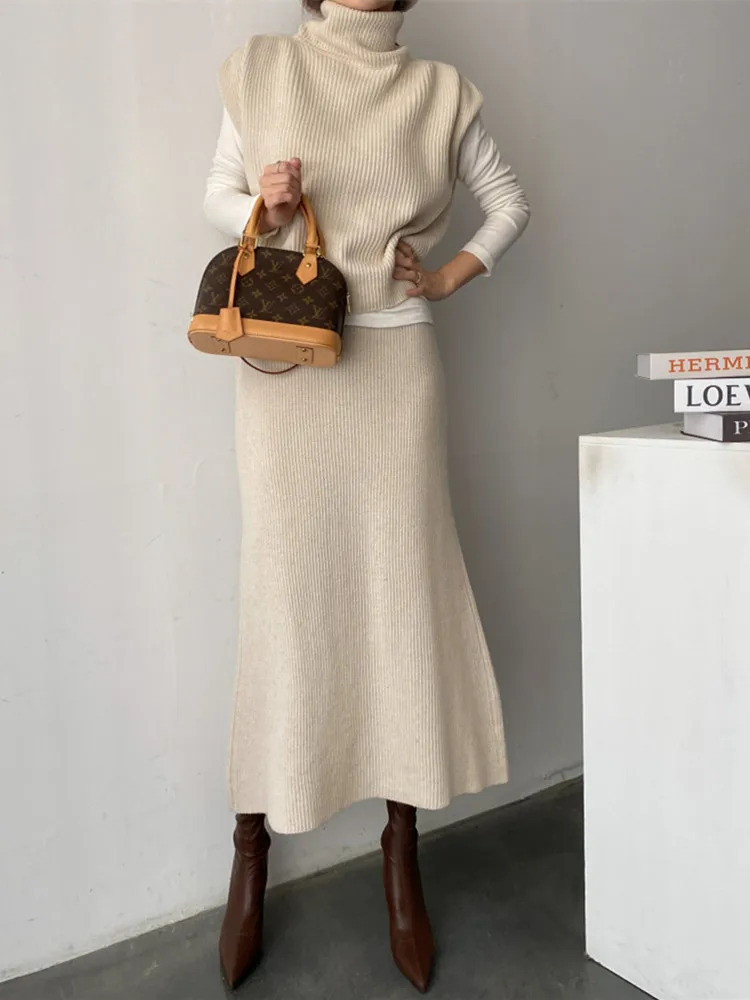 Korea Fashion Fall Winter Knitted Two Piece Set for Women Chic Turtlenck Sweater Vest +High Waist Bodycon Skirt Sets