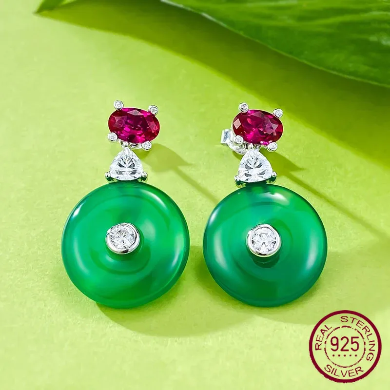 Longlong Gold Jewelry 925 Silver Plated Earrings High Carbon Diamond Natural Jade Chalcedony Fan Bingbing Same Style