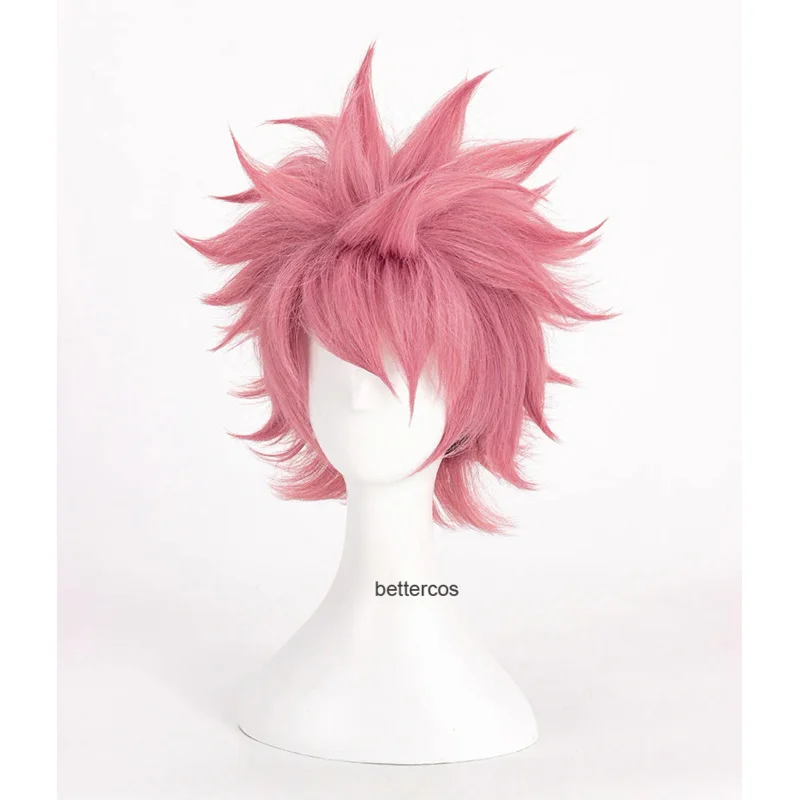 Fairy Tail Etherious Natsu Dragneel Cosplay Wigs Short Pink Shaggy Layered Heat Resistant Synthetic Hair Wig   Wig Cap