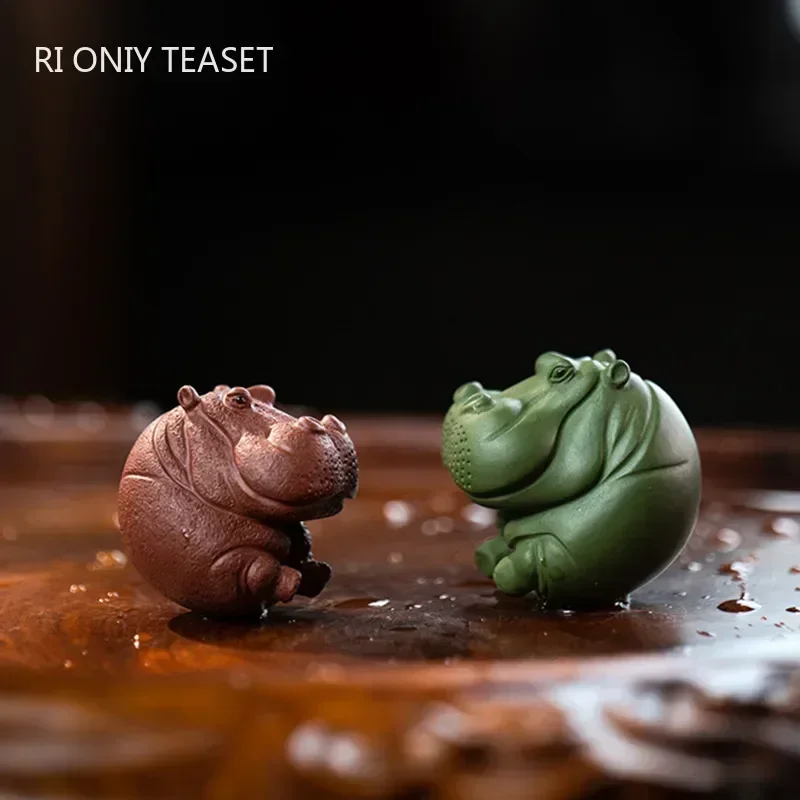 Chinese Yixing Purple Clay Tea pet Lucky Hippo Model Statue Tea Figurine Ornaments Handmade Sculpture Crafts Tea Set Decoration