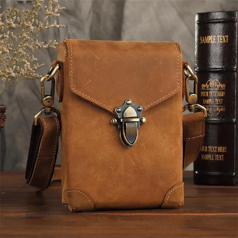 New Fashion Mens Leather Shoulder Bag Crazy Horse Leather Crossbody Bag Phone Belt Pouch With Shoulder Strap Waist Bag Crossbody