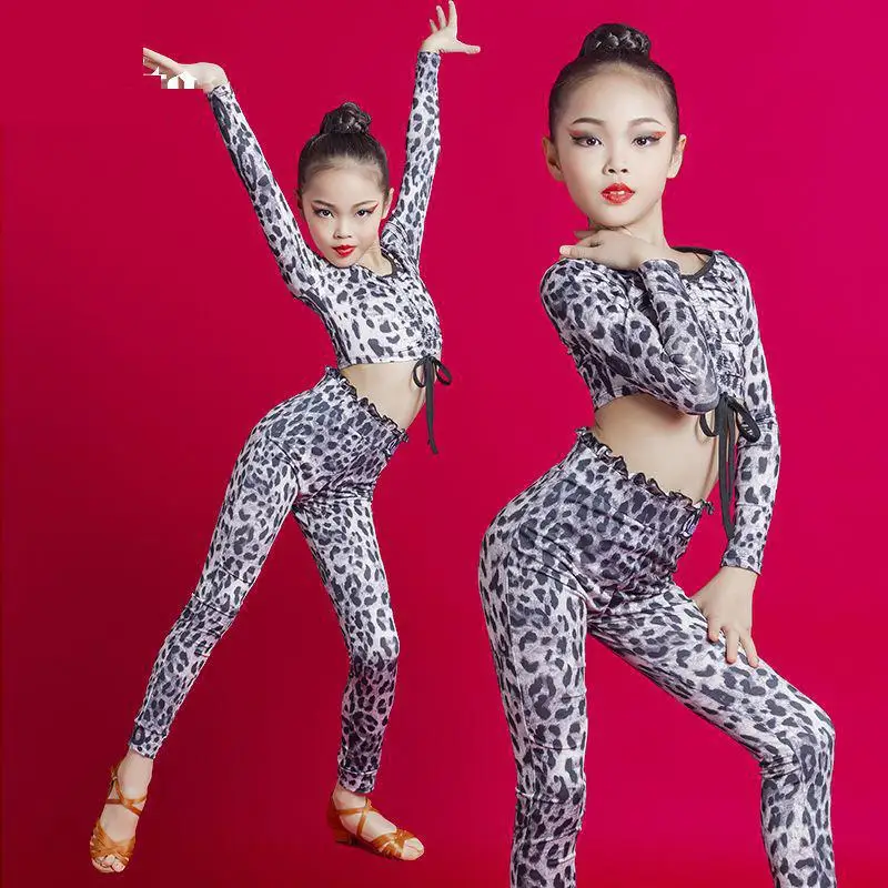 2023 New Latin Dance Suit Girls Long Sleeve Leopard Suit Tops Pants Children Cha Cha Samba Stage Performance Dance Clothes 170cm