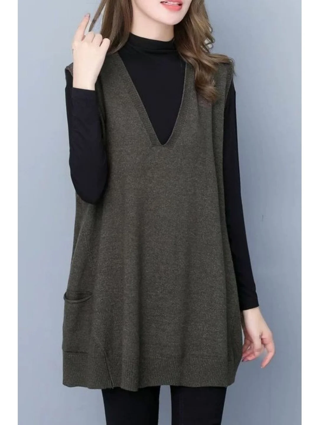 

Loose V-Ne Svel Knitted Sweater Vest Women's Casual Sle Layering Top Fatigue Faion Mid-Length Cover Belly