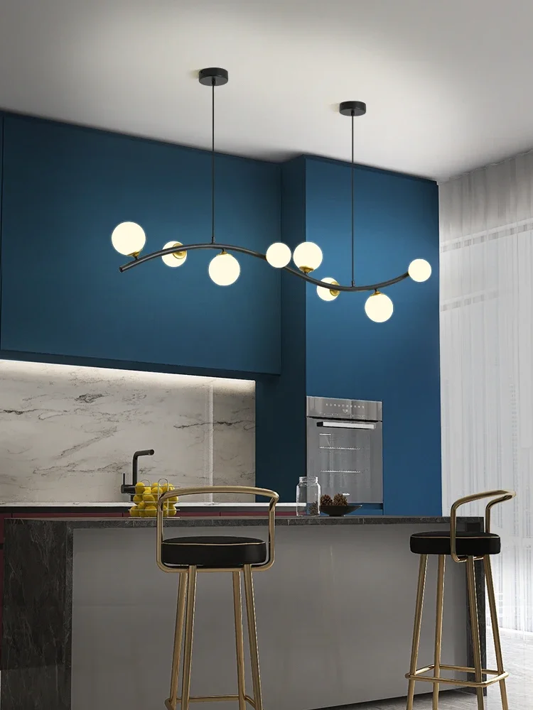 北欧シンプルモダンアイアンレストランバー衣料品店ロングストレートロッドマジックビーンブラックガラスボールランプシャンデリアLEDライト