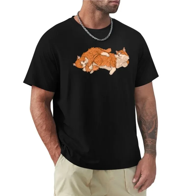 Sleeping Fluffy Ginger Tabbies Cuddle Pile - Fern Green Background T-Shirt animal prinfor boys tops men t shirts