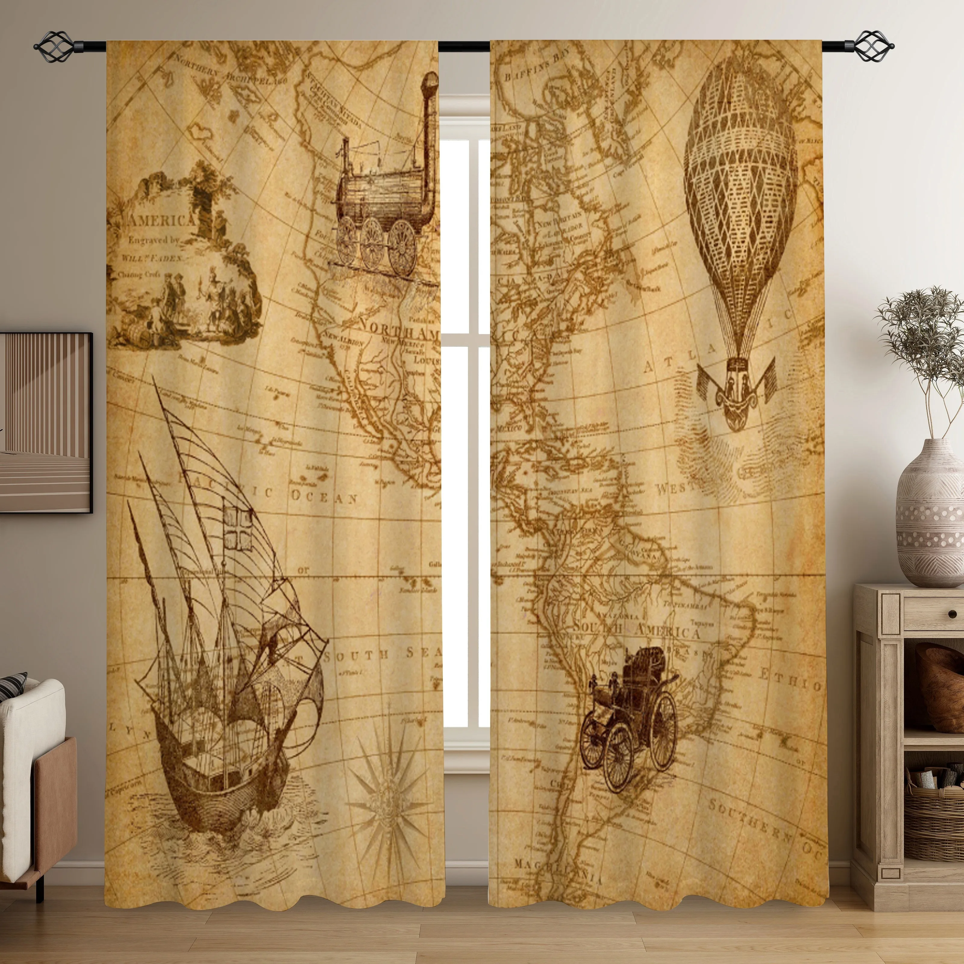 2pcs Vintage World Map Curtains Blackout Drapes for Study Retro Decor Old Navigation Chart Print Window Treatment Panels