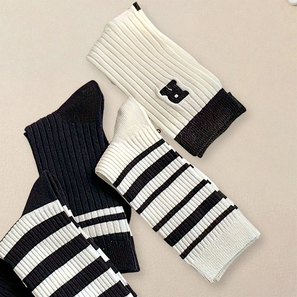 5 Pairs Women Striped Letter Pattern Socks Creative Trend Fashionable Versatile Socks Comfortable Lightweight Mid Length Socks