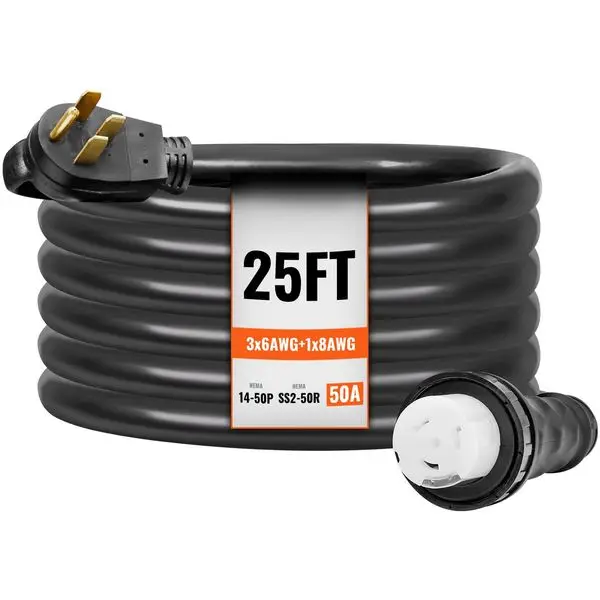 

VEVOR 50 Amp Generator Cord and Power Inlet Box Kit, 25FT, NEMA 14-50P/SS2-50R STW 6/3+8/1 AWG Generator Power Cord with Twist L